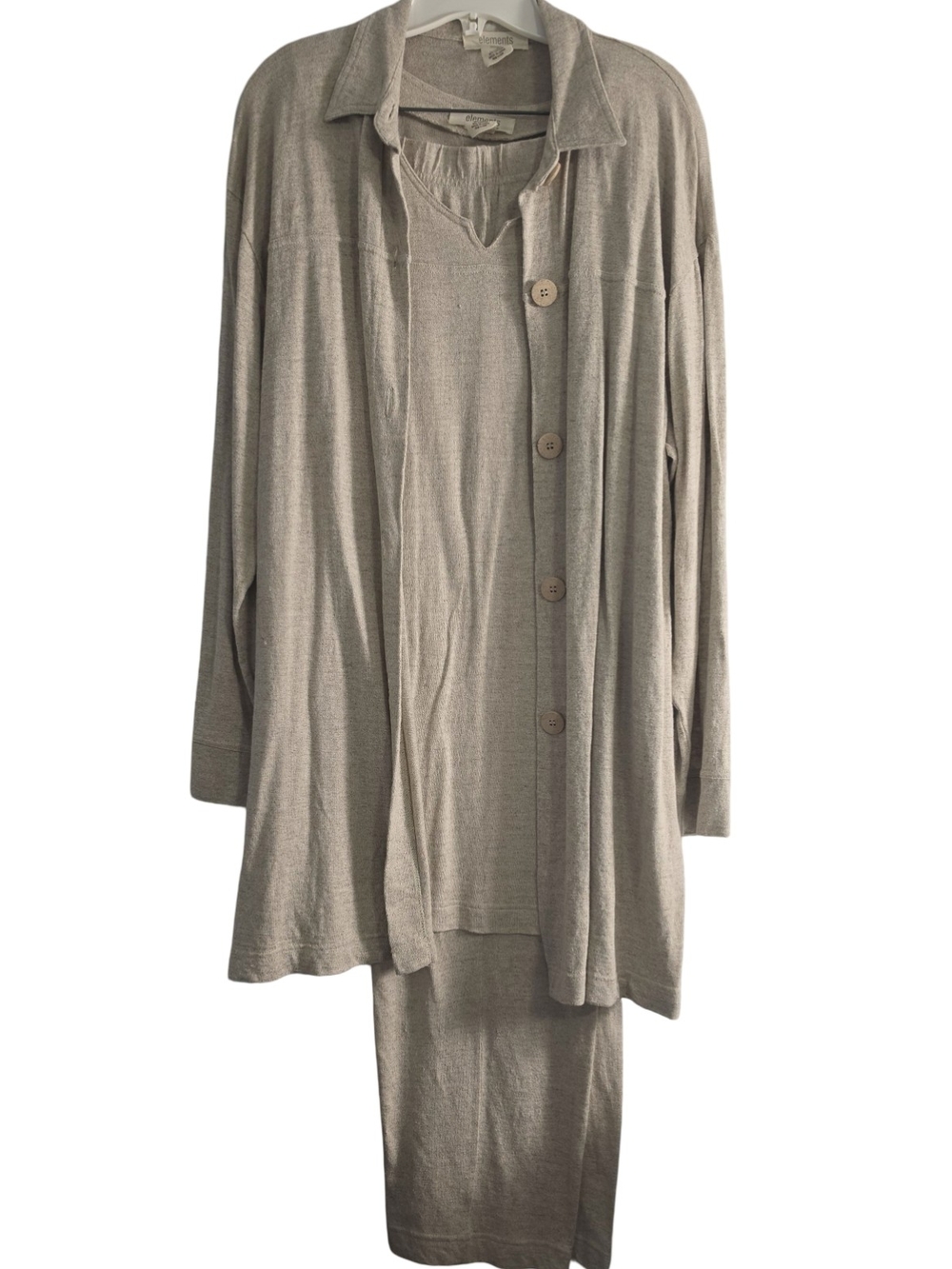 Elements 3 Piece Linen Blend Lounge Set Oatmeal Beige Duster Cardigan Pants Tank